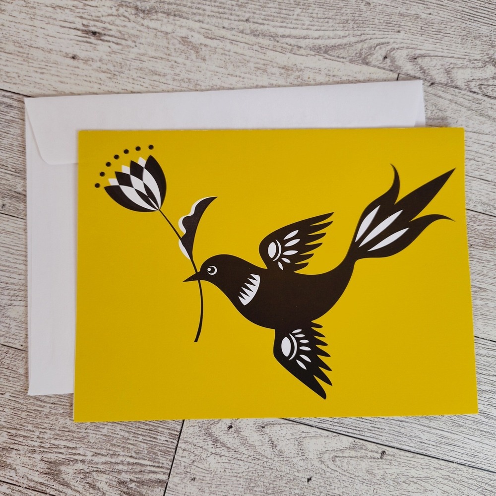 Bird Flower in Beak Greeting Card Blank Stationery Yellow Black Any Occasion